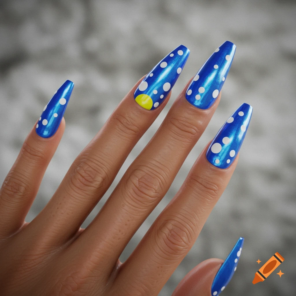 A close-up of a hand with long, blue metallic coffin nails, featuring white polka dots and a yellow half-moon design on the middle finger.