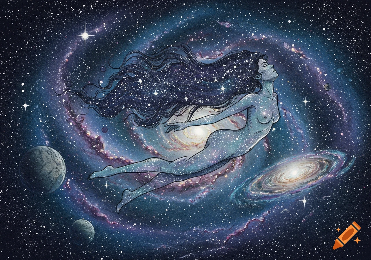 An etching of a nude woman with long hair covered in stars, swimming through a colorful galaxy with planets.