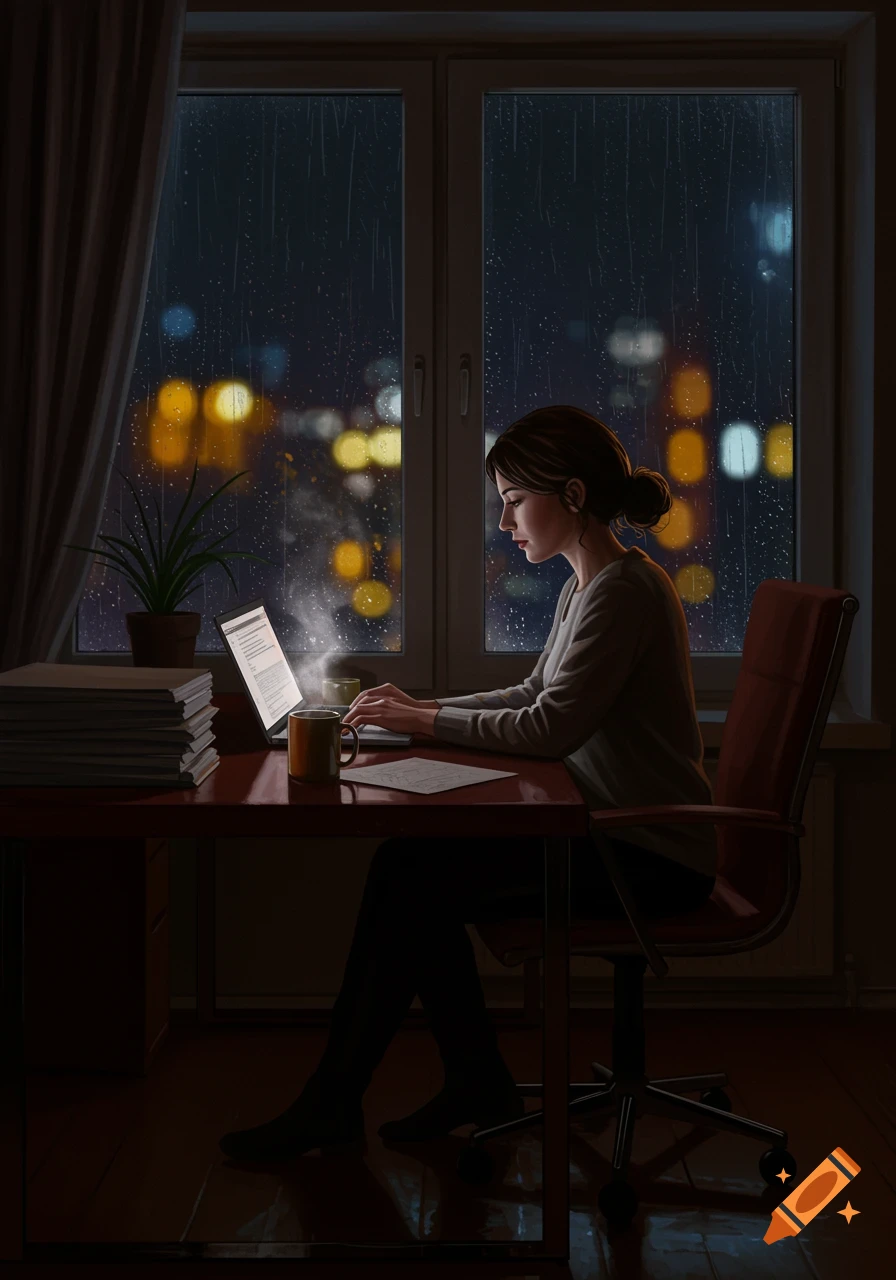 A woman works on a laptop at a desk by a window overlooking a rainy city at night, in a photorealistic style.