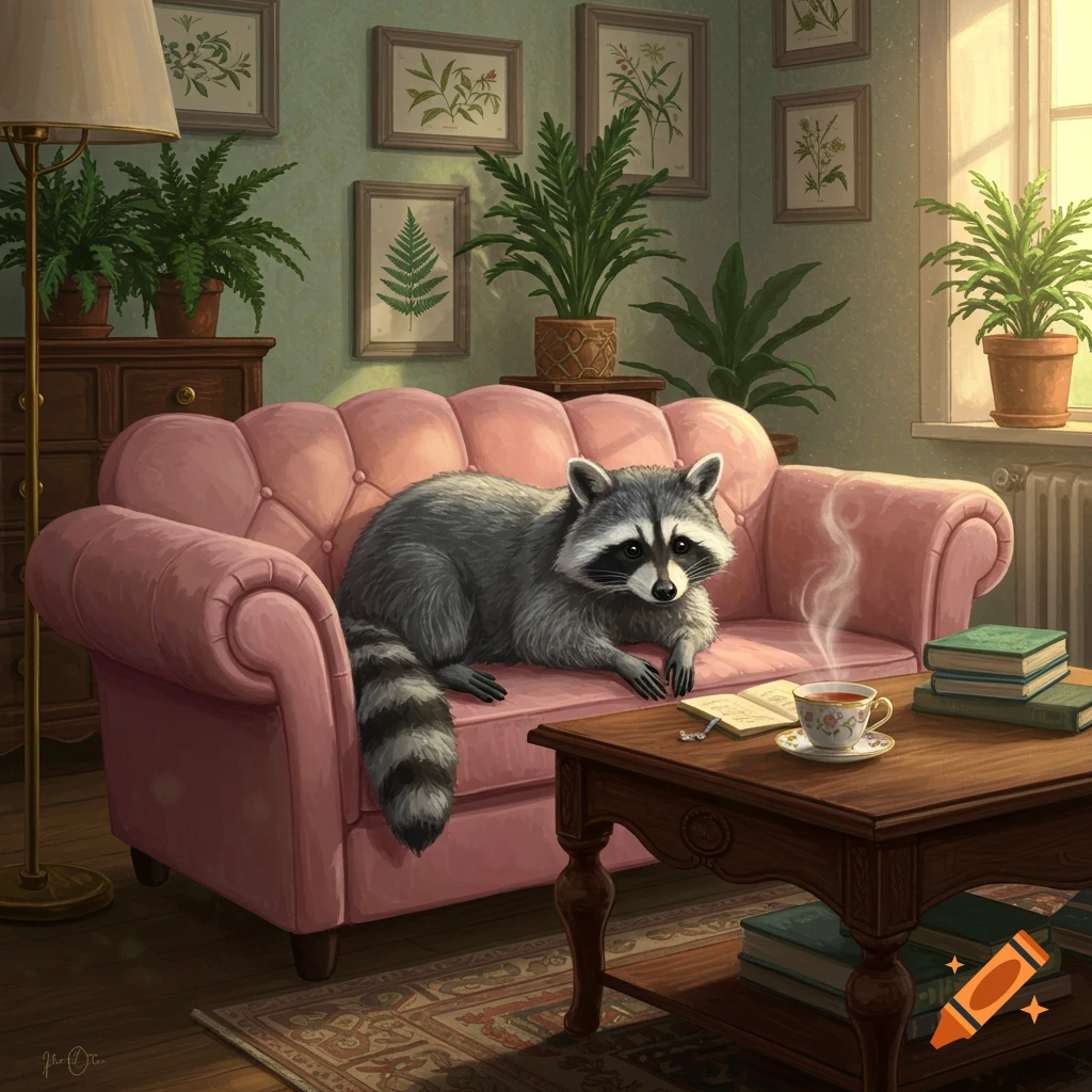 A fluffy raccoon lounges on a pink tufted sofa in a cozy living room filled with plants and botanical art.