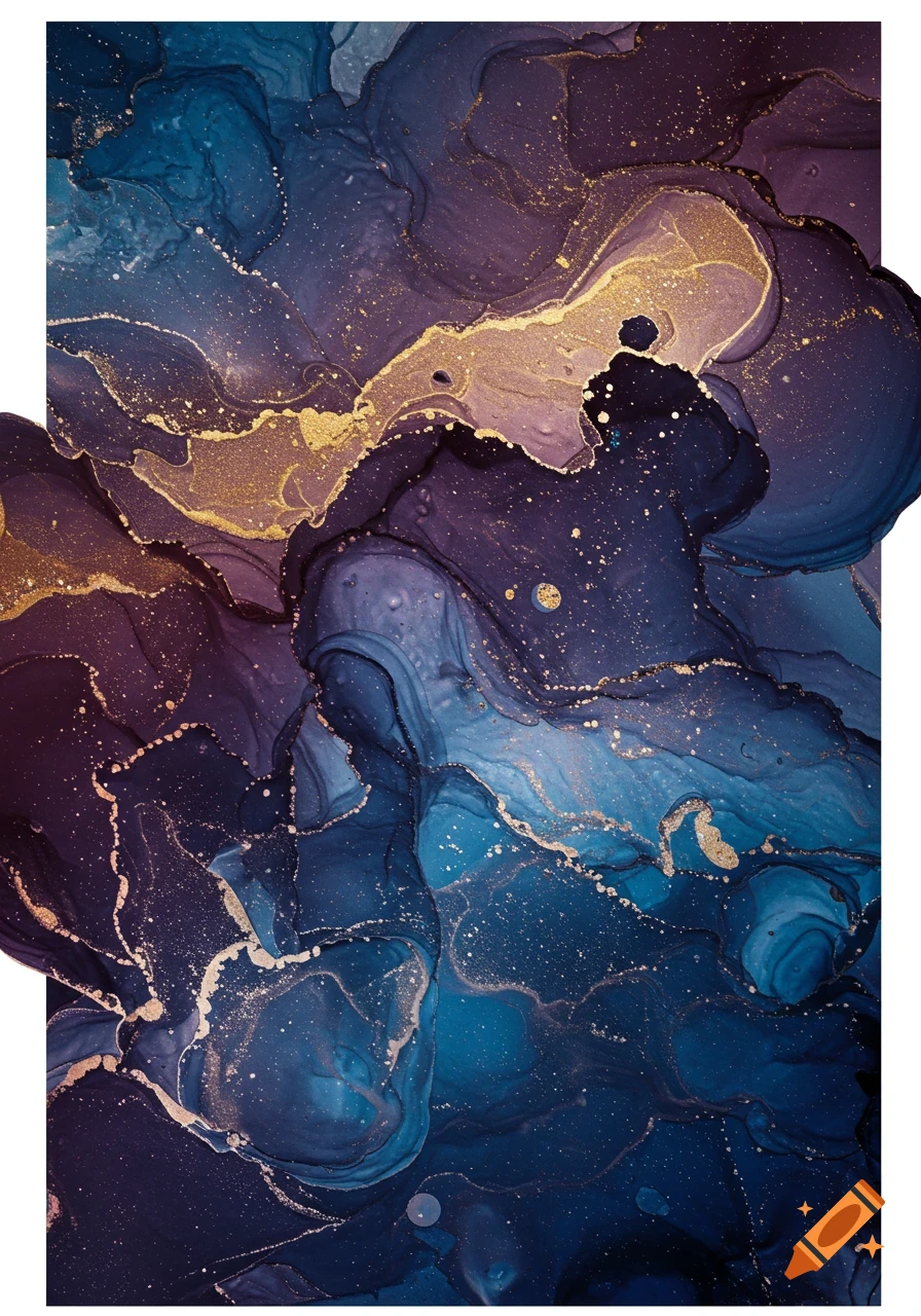 Abstract fluid art featuring swirling patterns of deep blue, purple, and gold with sparkling accents.
