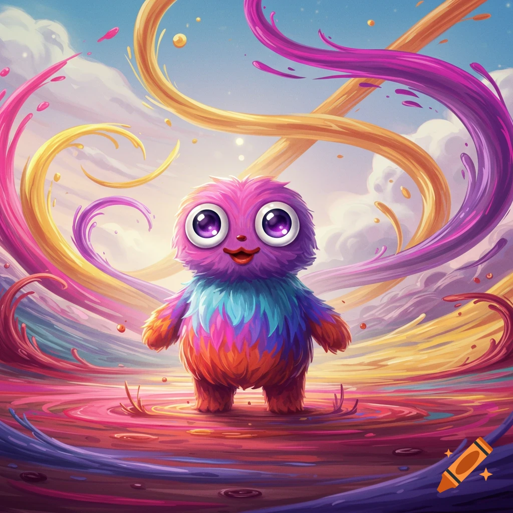 A cute, fluffy, purple and multi-colored monster with large eyes stands in a pool of colorful liquid with swirling streams.