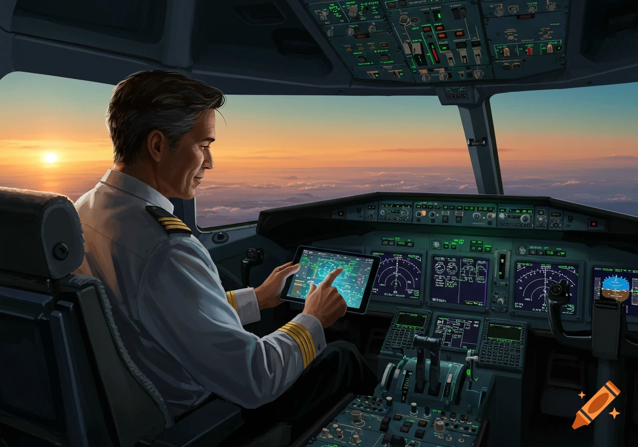 A pilot in a white uniform works on a tablet inside an airplane cockpit at sunset, with views of clouds and the sky.