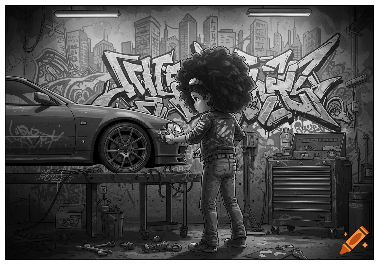 Black and white illustration of a girl with afro hair working on a Nissan Skyline car in a graffiti-covered garage with city buildings in the background.