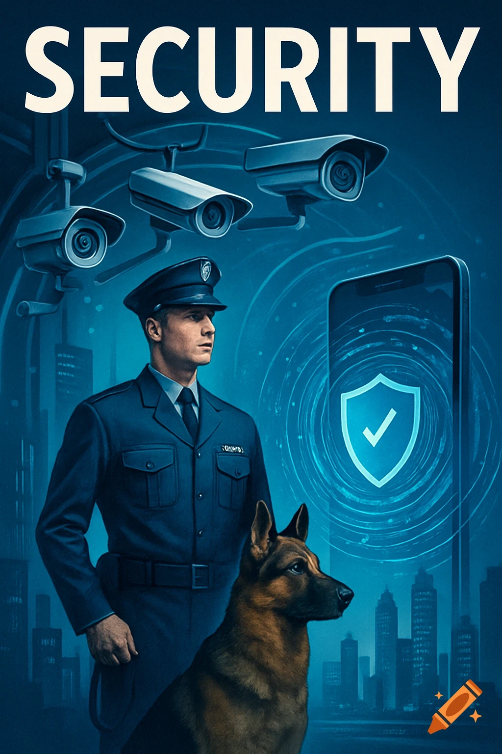 A security guard in uniform stands beside a German Shepherd dog, with CCTV cameras and a smartphone displaying a shield logo in the background. The word 'SECURITY' is prominent at the top.