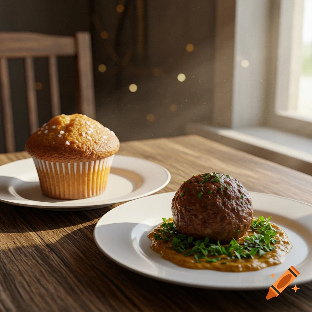 A photorealistic image of a muffin on one white plate and a large meatball on another, both on a wooden table.