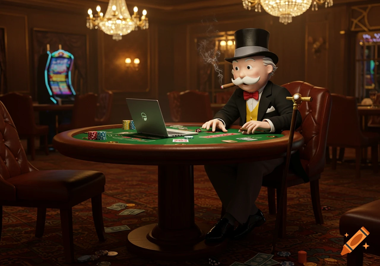 Monopoly Man smoking a cigar and looking at a laptop at a casino poker table.