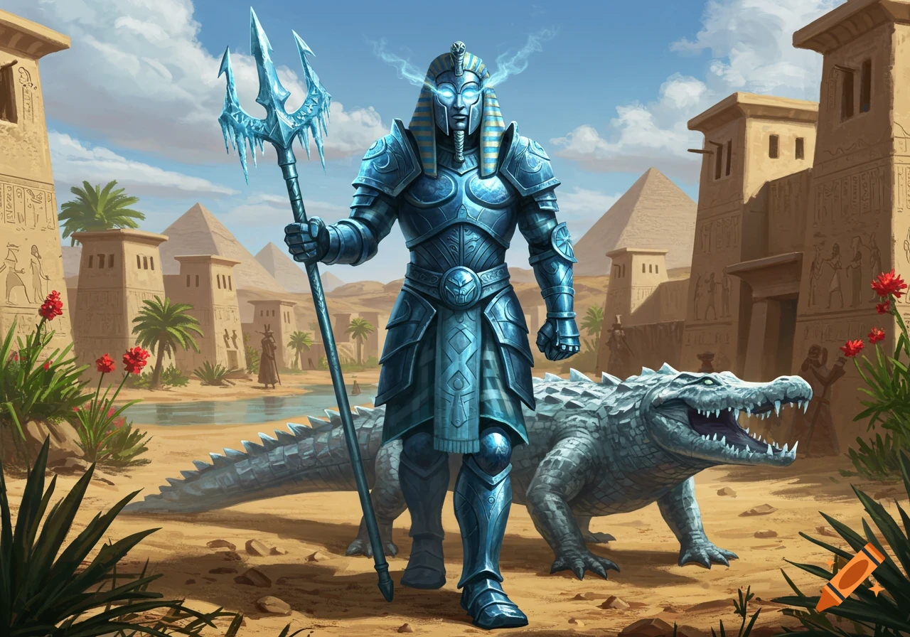 An armored, Egyptian-inspired knight with glowing eyes and an ice trident stands in a desert oasis with a large crocodile, ancient pyramids, and temples in the background, in an epic fantasy style.