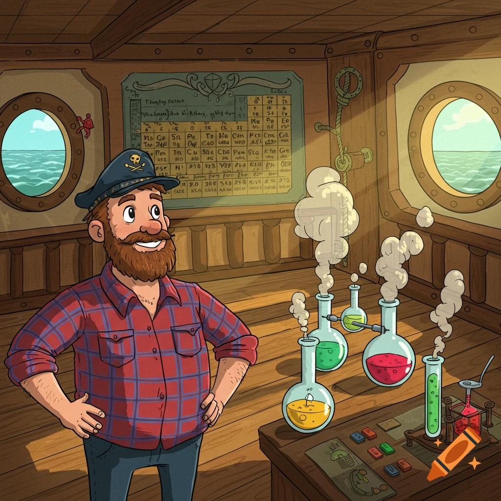 Smiling cartoon boat captain in a plaid shirt stands in a ship's cabin with chemistry beakers and a periodic table.