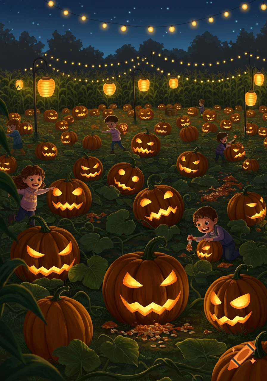 Children playing in a pumpkin patch at night, surrounded by glowing jack-o'-lanterns and string lights under a starry sky.