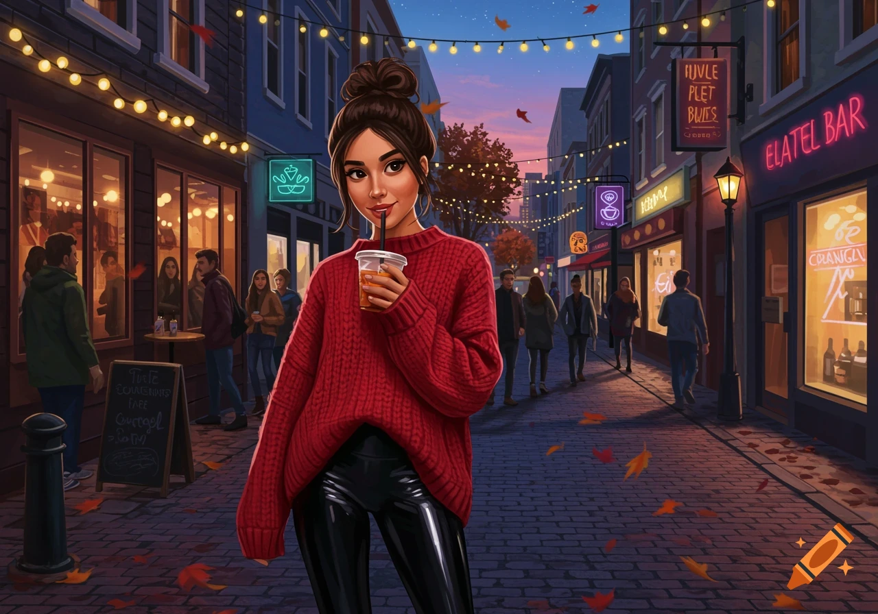 An illustration of a young woman in a red sweater and black leggings holding a drink on a city street at dusk, with string lights and autumn leaves.