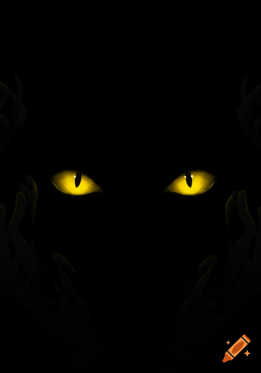 Two glowing yellow cat-like eyes peer out from a pitch-black background.