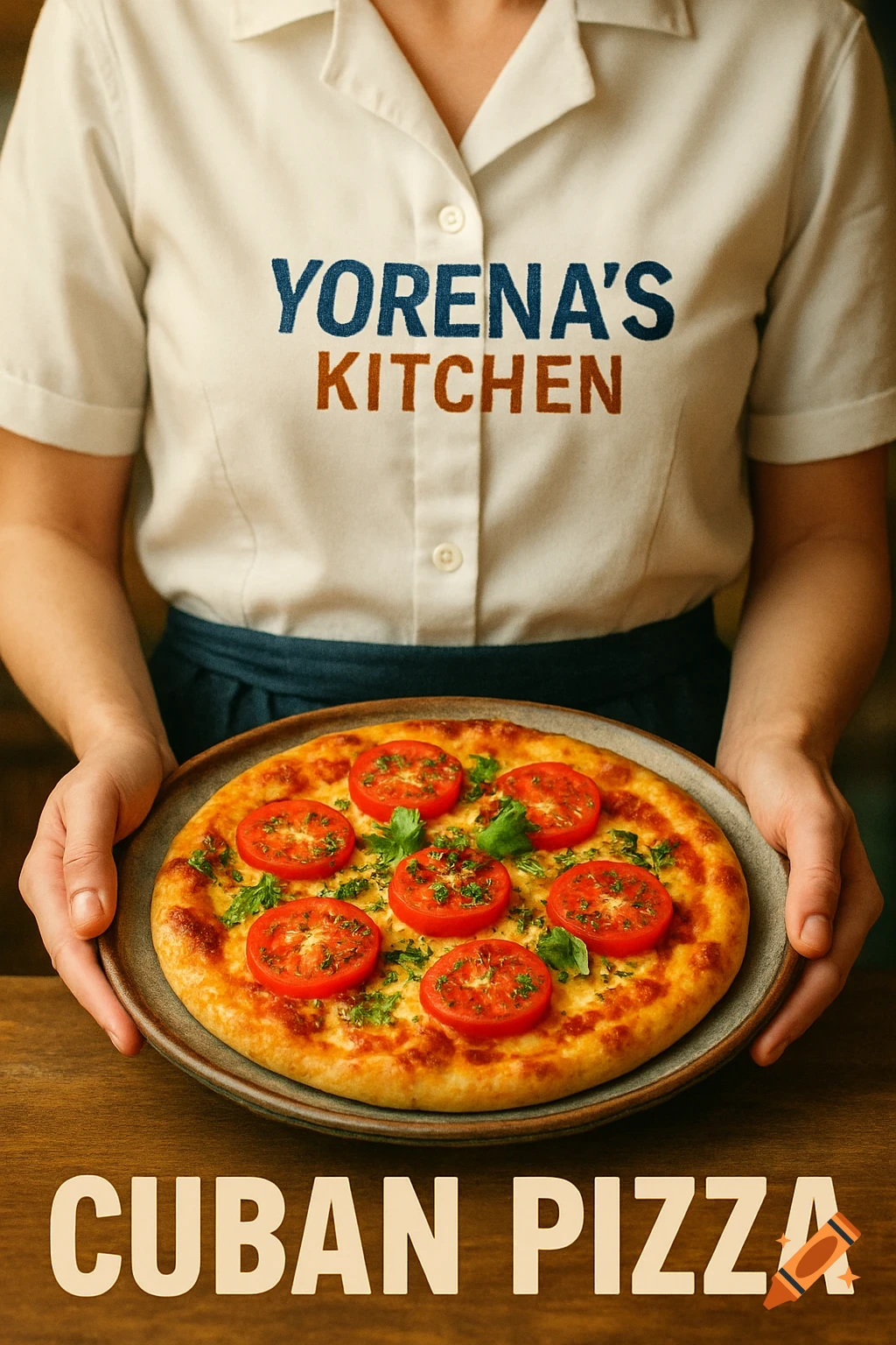 A person in a white chef's shirt holds a Cuban pizza. The shirt says 'YORENA'S KITCHEN' and 'CUBAN PIZZA' is written at the bottom.