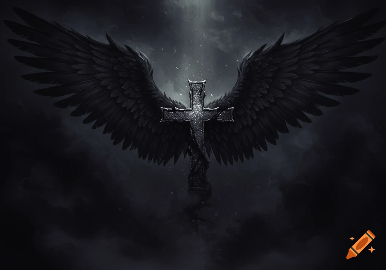 A dark, gothic winged cross with thorny vines, set against a cloudy, light-streaked sky.
