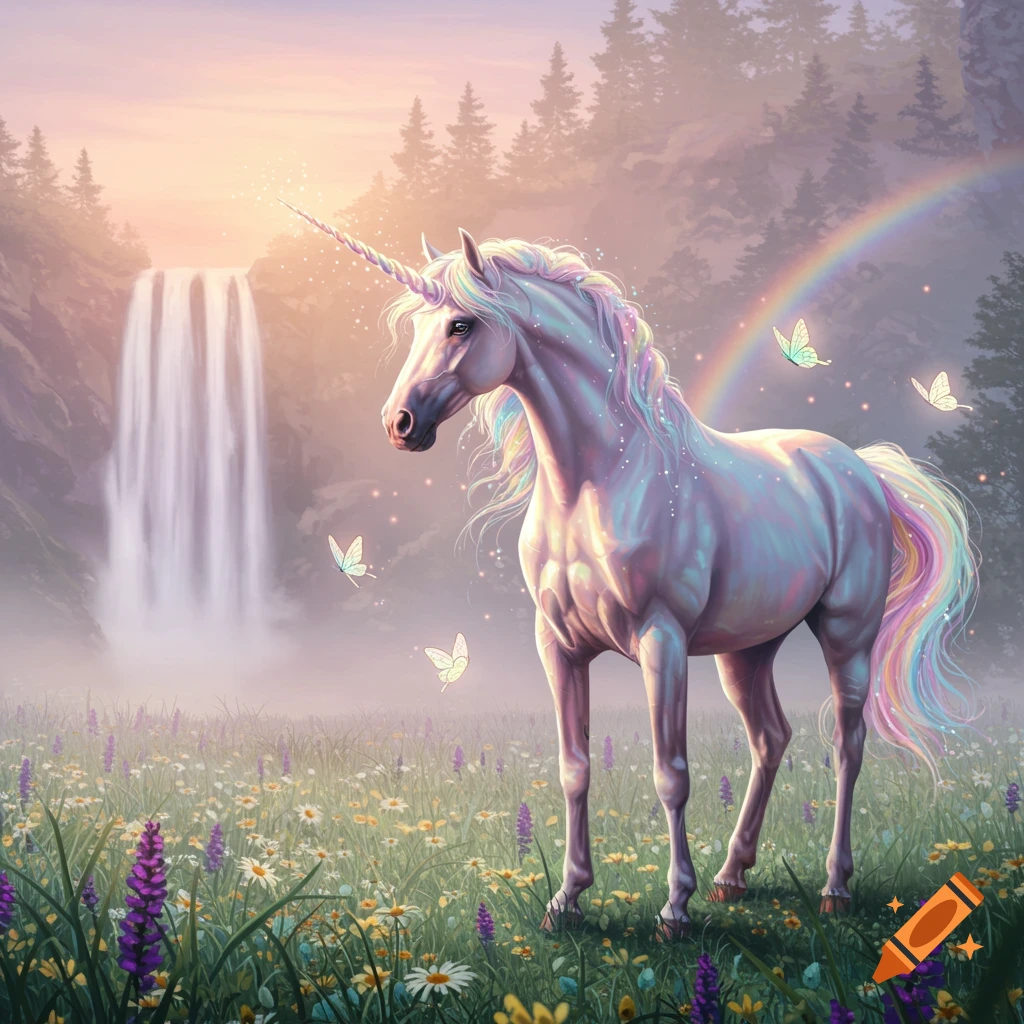 A sparkling, pastel-colored unicorn with a rainbow mane stands in a vibrant flower field, with a waterfall and rainbow in the background at sunset.