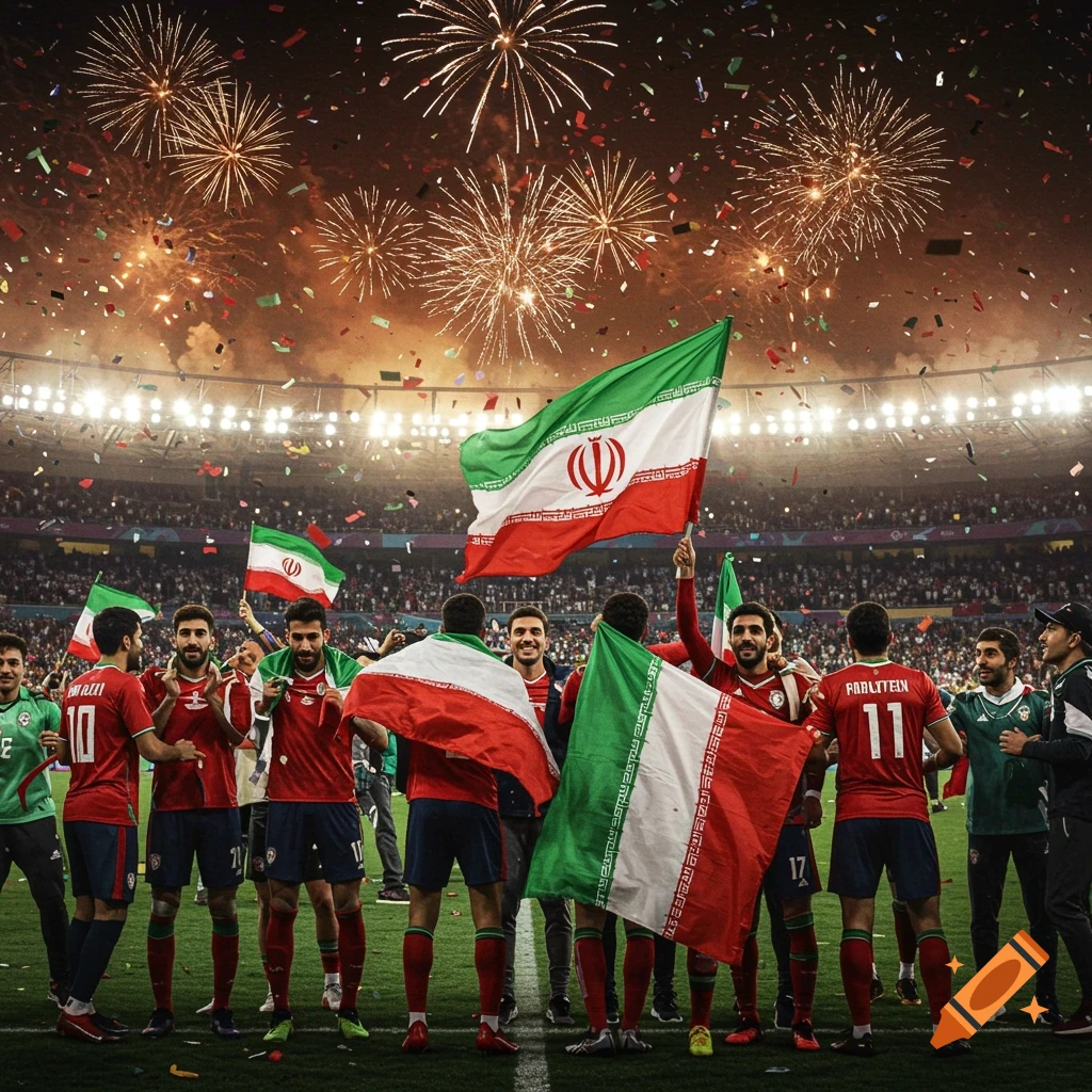 A football team celebrates victory in a stadium at night, holding Iranian flags amidst fireworks and falling confetti.