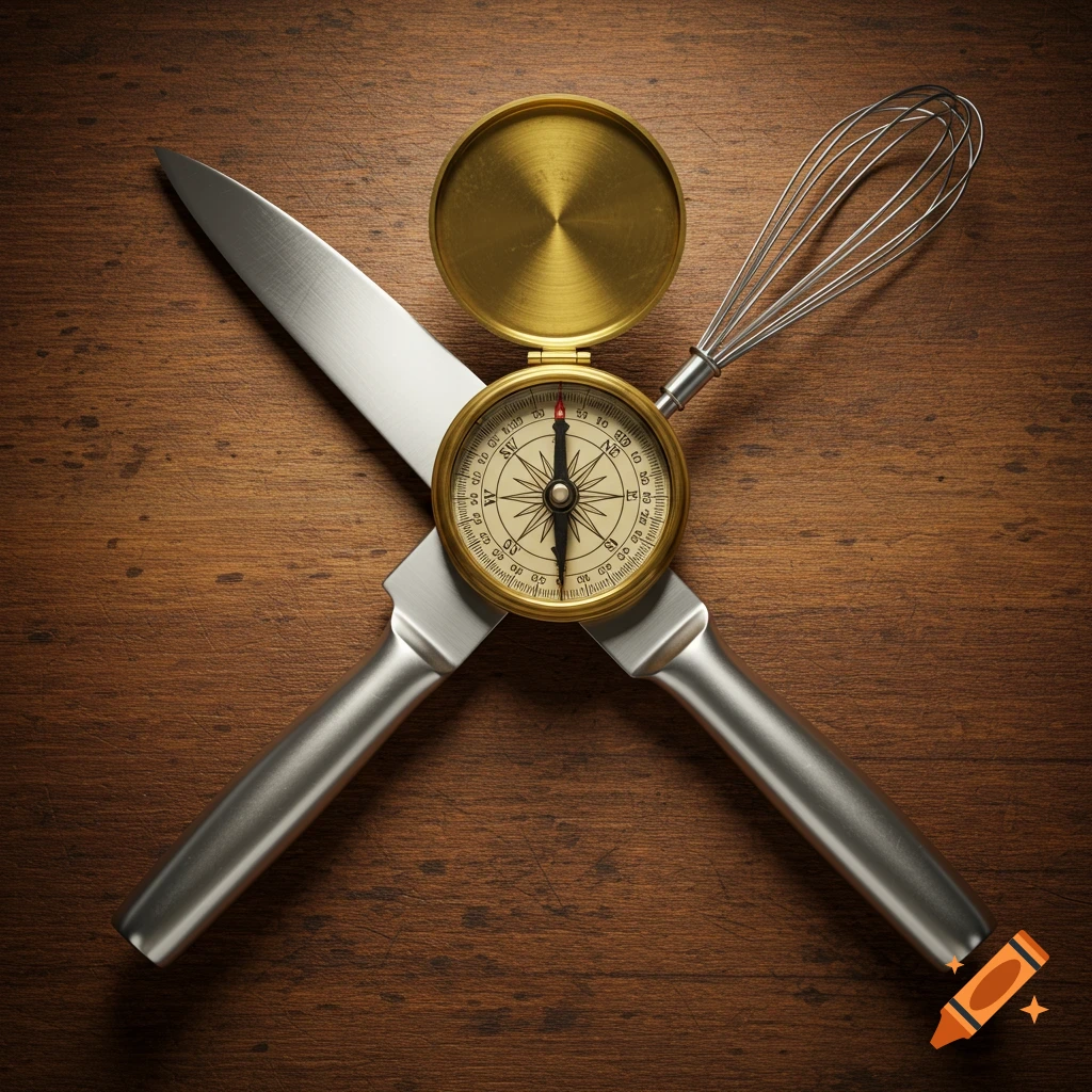 A brass compass with an open lid, a silver knife, and a metal whisk are arranged in a cross shape on a textured wooden surface. The compass is centered where the knife and whisk intersect.