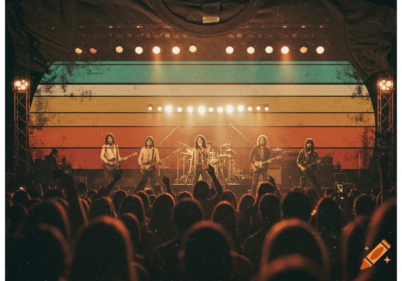 A band performs on stage at a concert, viewed from the audience, within a distressed vintage sunset stripe design on a t-shirt.