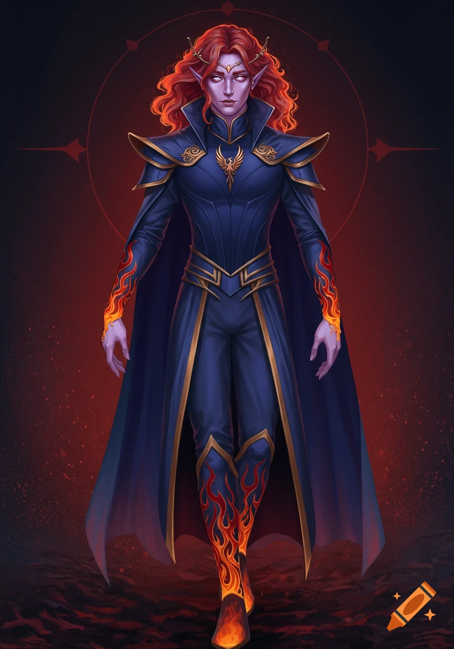 A fantasy character with red hair, purple skin, and pointed ears wears a regal blue and gold outfit with fire details, standing against a dark red background.