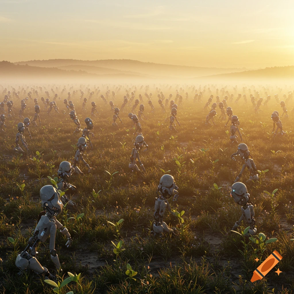 Photorealistic wide shot of numerous small robots kneeling and standing in a vast grassy field at sunrise, with misty hills in the background.