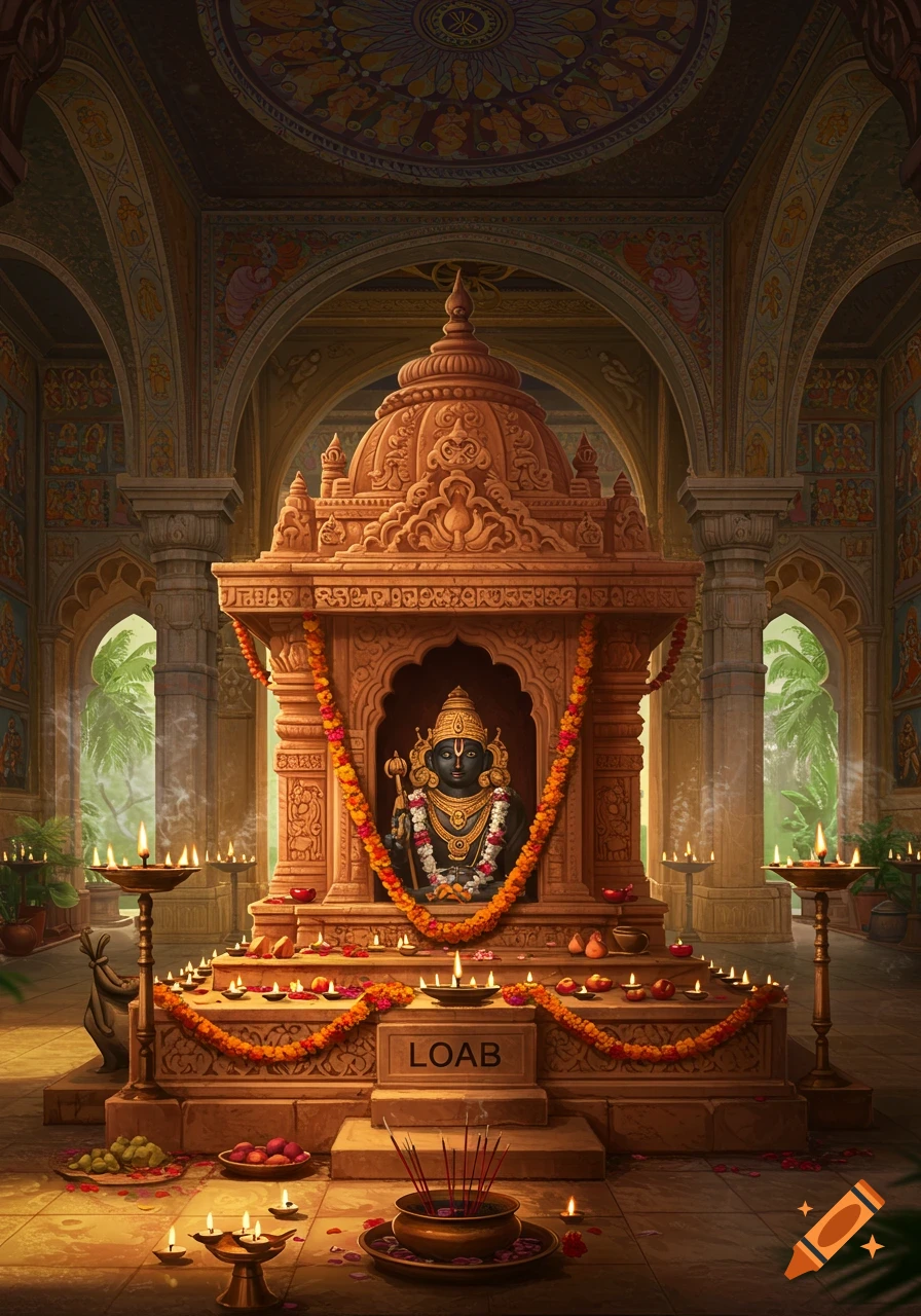 A detailed, richly decorated Hindu temple interior with a central stone shrine adorned with garlands and lit oil lamps, featuring a dark idol.