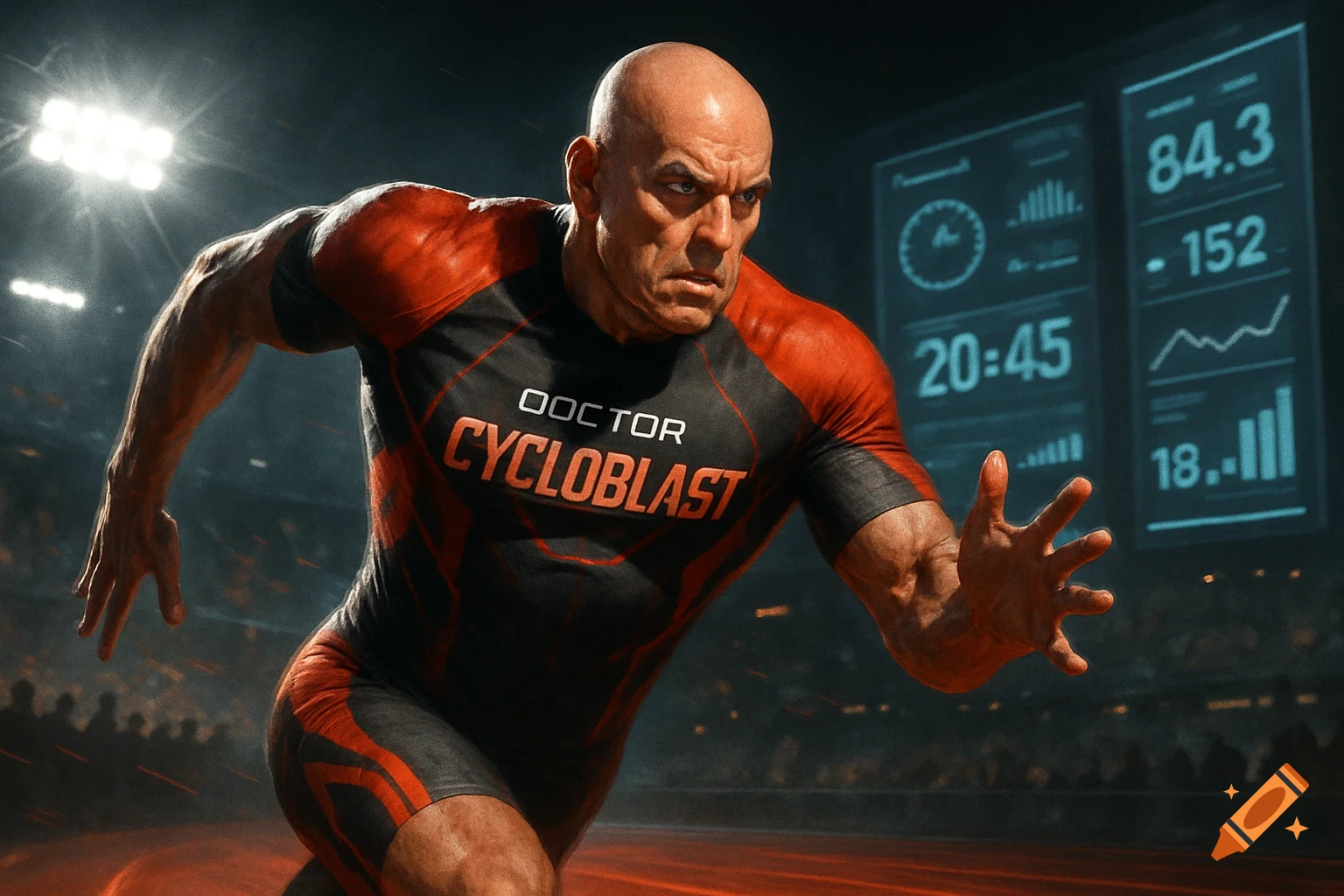 A bald, muscular man in his 50s wearing a red and black athletic suit with "DOCTOR CYCLOBLAST" written on it, runs intensely on a track in a stadium with glowing data screens in the background, in a photorealistic style.
