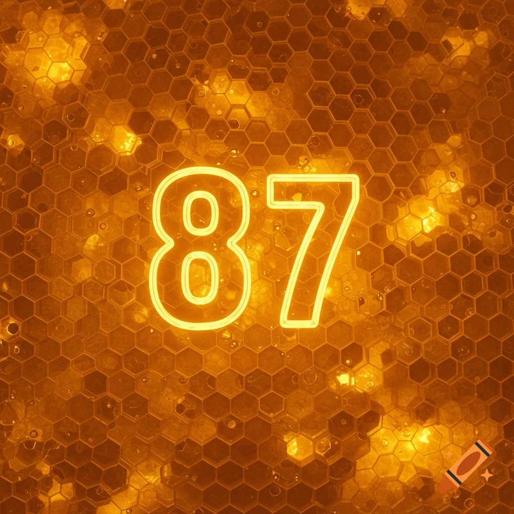 The number 87 in a glowing yellow font on an orange honeycomb background.