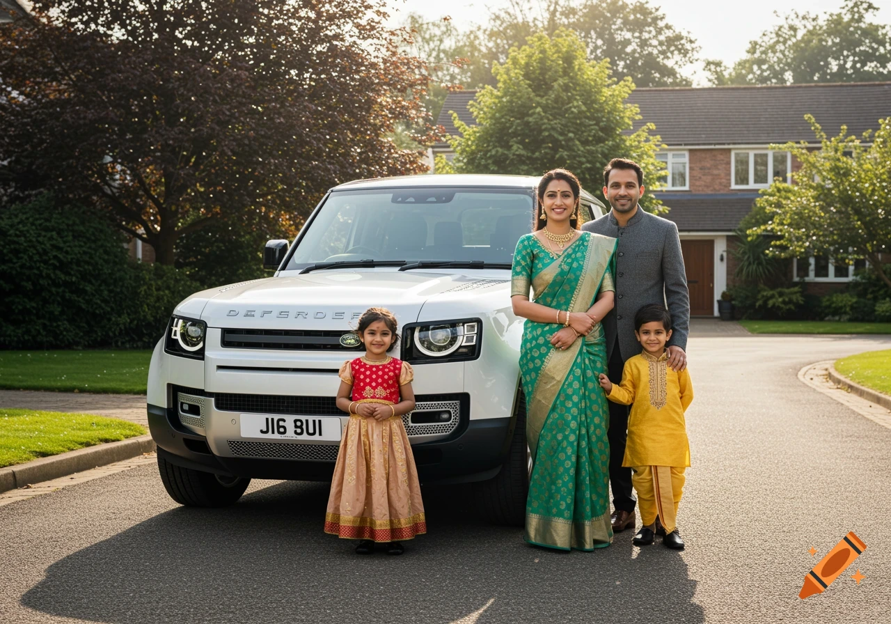 A photorealistic image of an Indian family standing in front of a white Land Rover Defender.