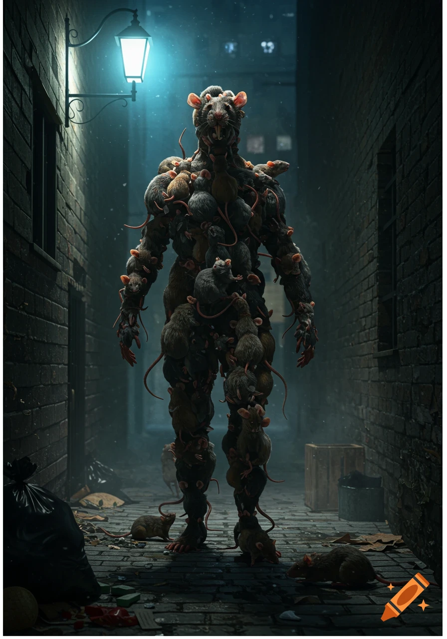 A photorealistic humanoid creature made entirely of rats stands under a glowing street lamp in a dark, gritty alley.