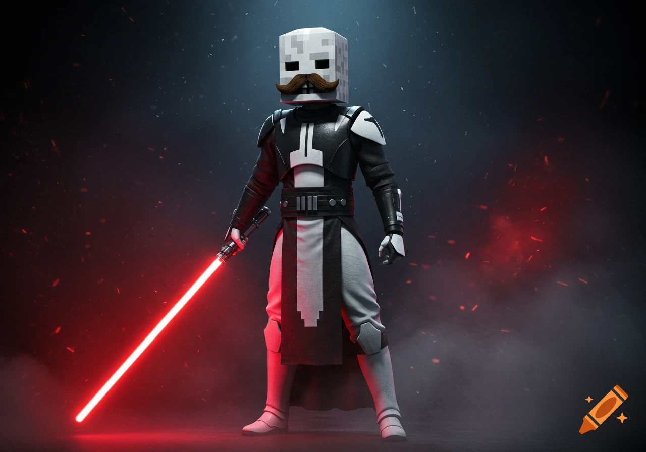 Hyperrealistic image of a character with a Minecraft skeleton head and mustache, dressed as a Sith Lord, holding a red lightsaber.
