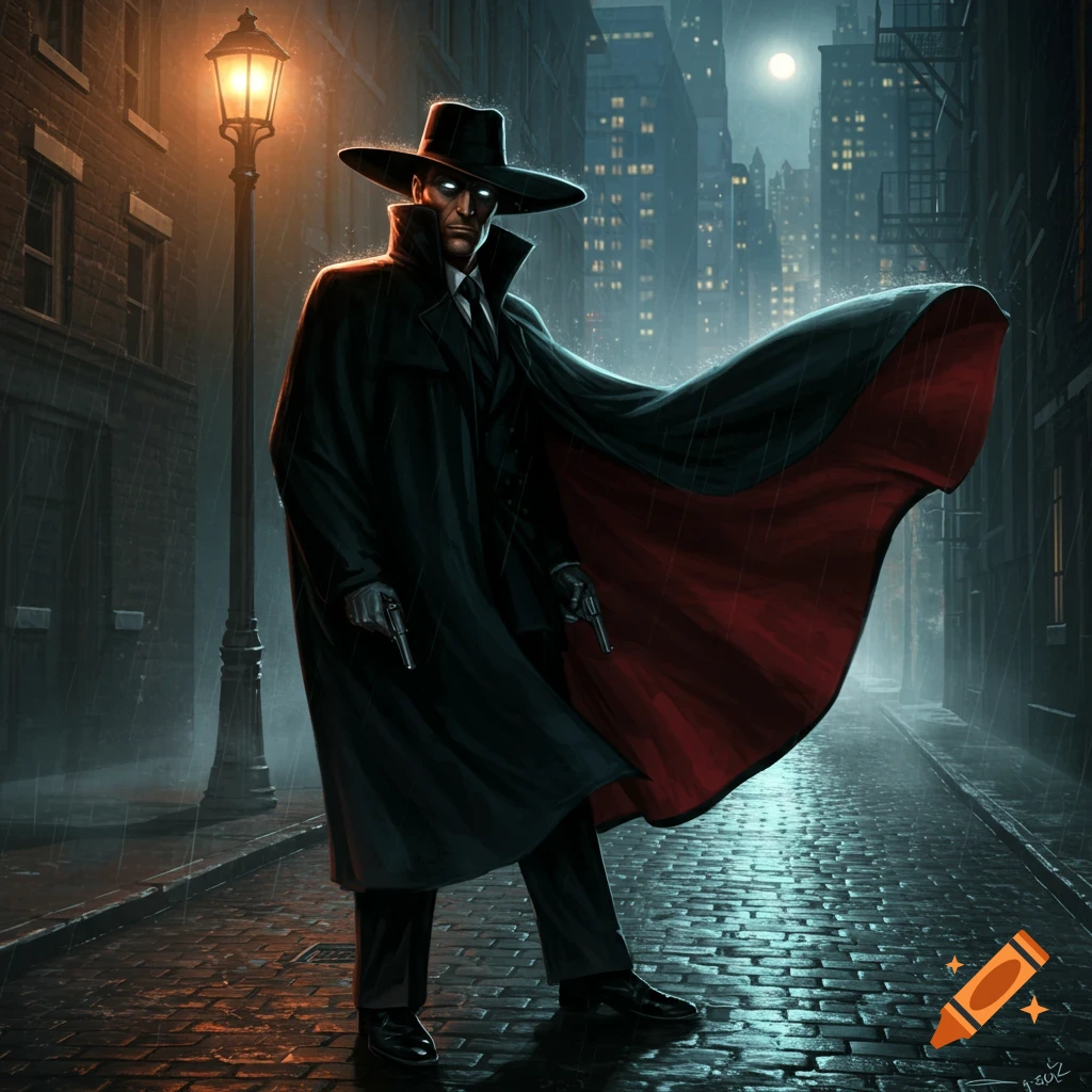 Mysterious figure in a black fedora and trench coat with a red-lined cape, holding two pistols on a rainy city street at night. Illustrative style.