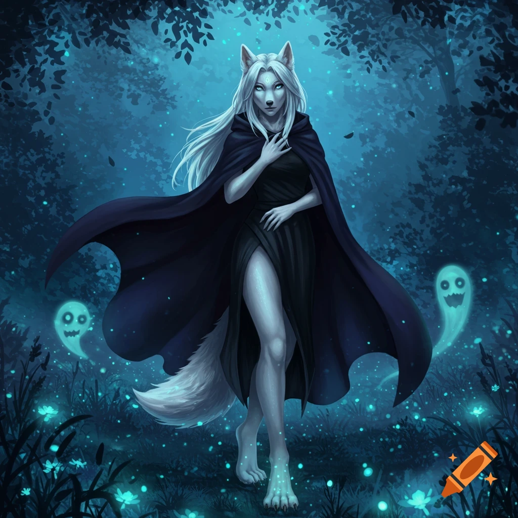 An anime-style white wolf humanoid woman in a dark cloak stands in a mystical blue forest with glowing plants and ghostly figures.