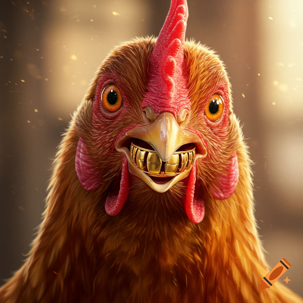 Close-up of a brown chicken with large orange eyes and a red comb, smiling to reveal shiny gold grill teeth.