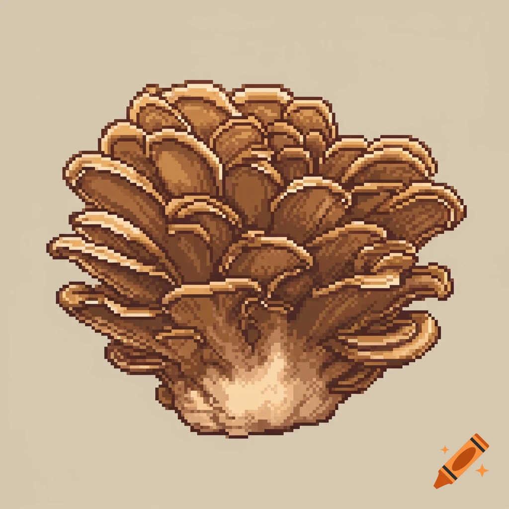 Pixel art depiction of a brown maitake mushroom with fan-like lobes, rendered like a video game sprite.