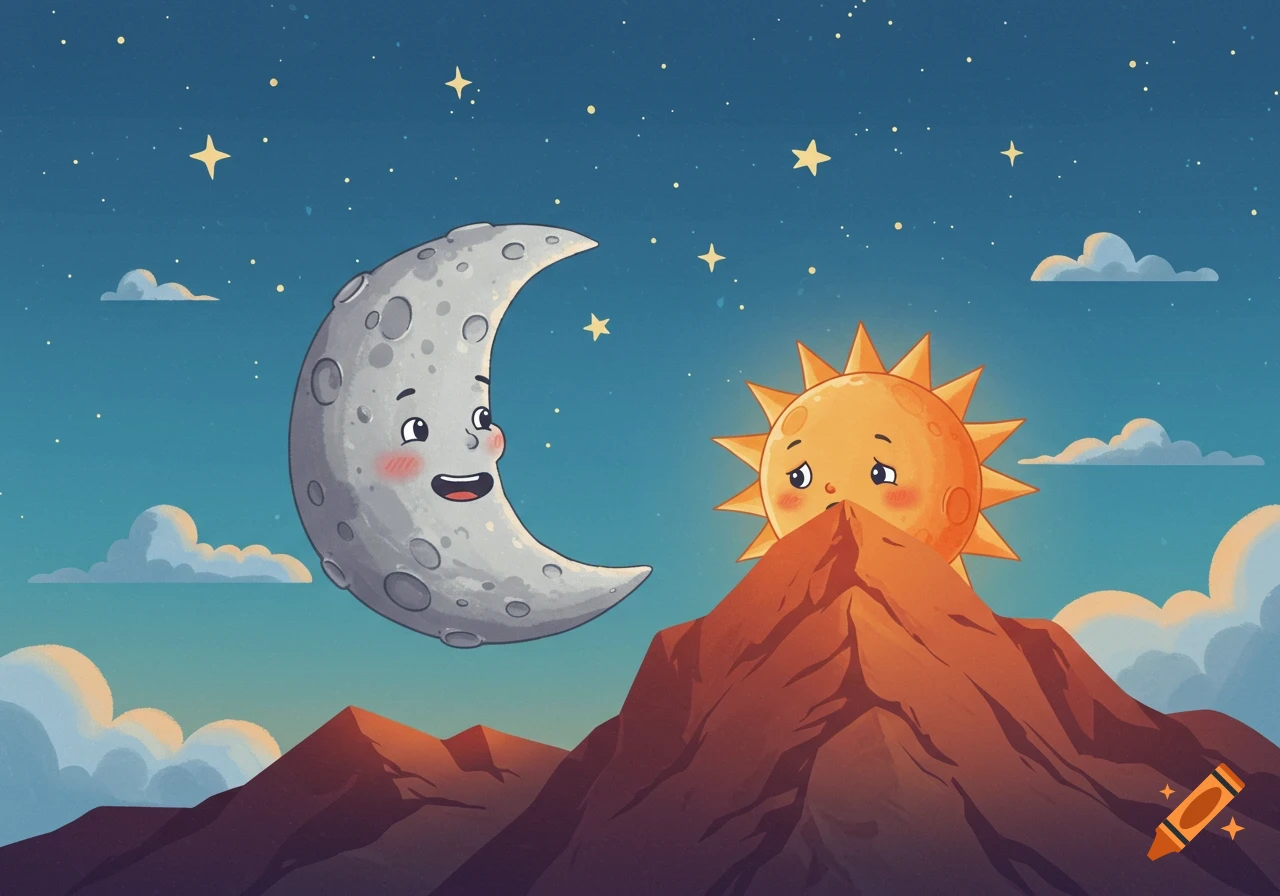 A cartoon illustration of a smiling crescent moon talking to a sad sun character peeking from behind a mountain in a starry night sky.