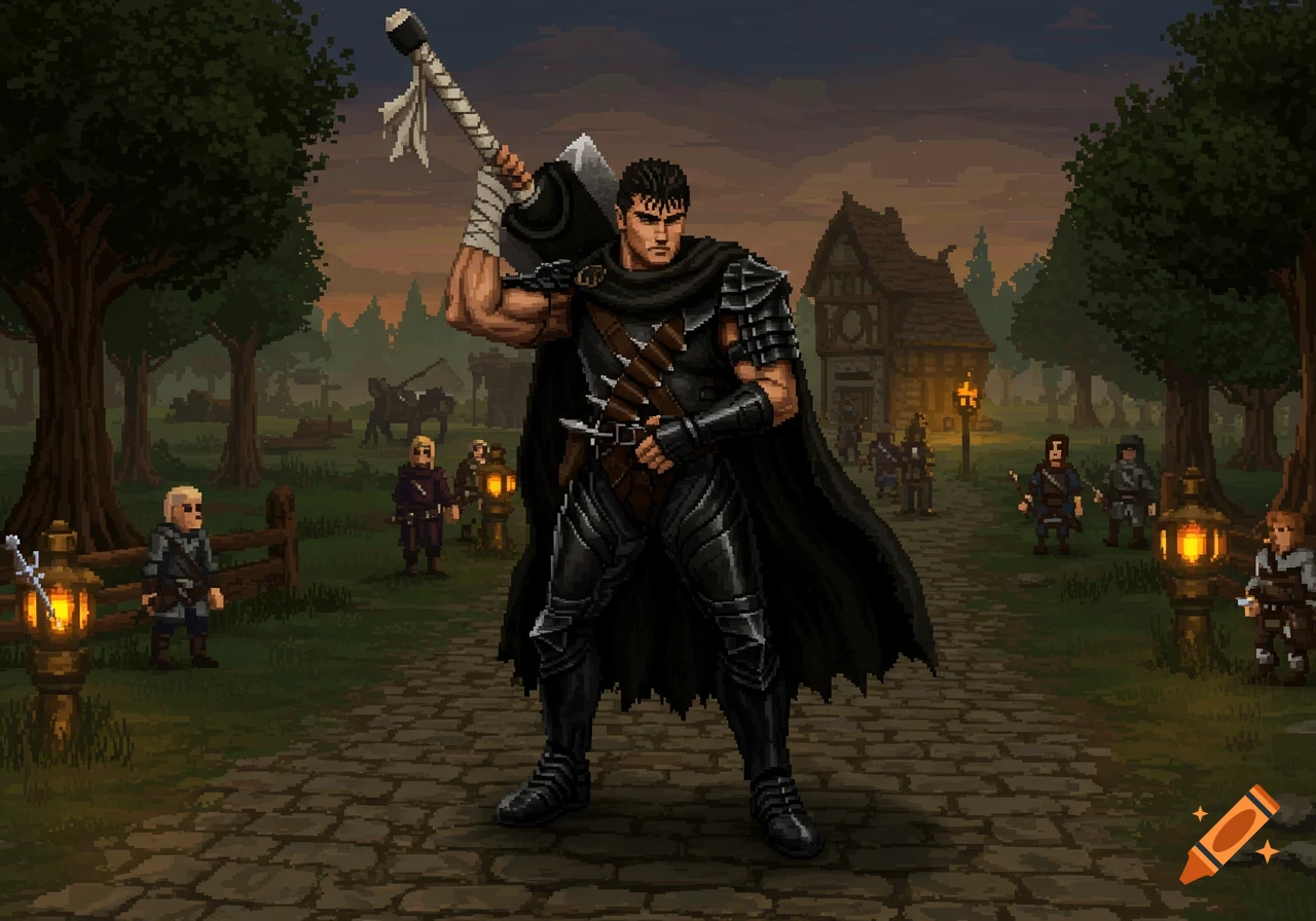 A pixel art depiction of Guts from Berserk, a man in dark armor holding a large sword, standing on a cobblestone path in a fantasy village.