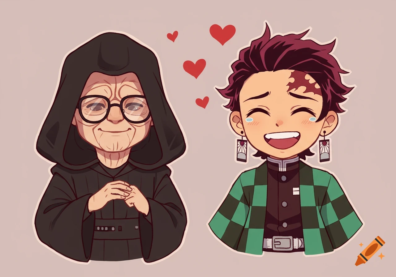 Chibi-style Emperor Palpatine wearing glasses and smiling next to a smiling Tanjiro Kamado with happy tears, with red hearts floating above them.