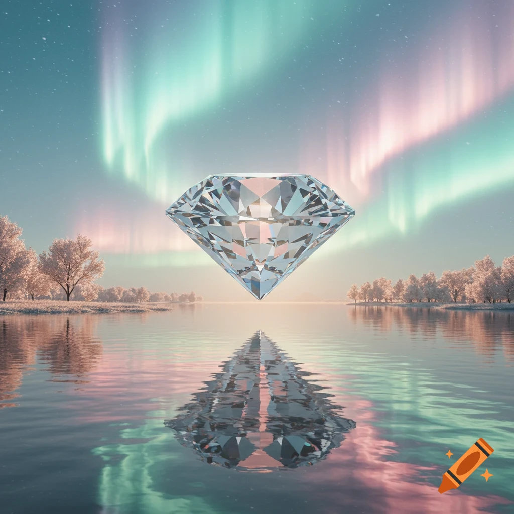 A large faceted diamond floats above a calm body of water with a reflection, under a sky filled with green and pink aurora borealis and distant trees.
