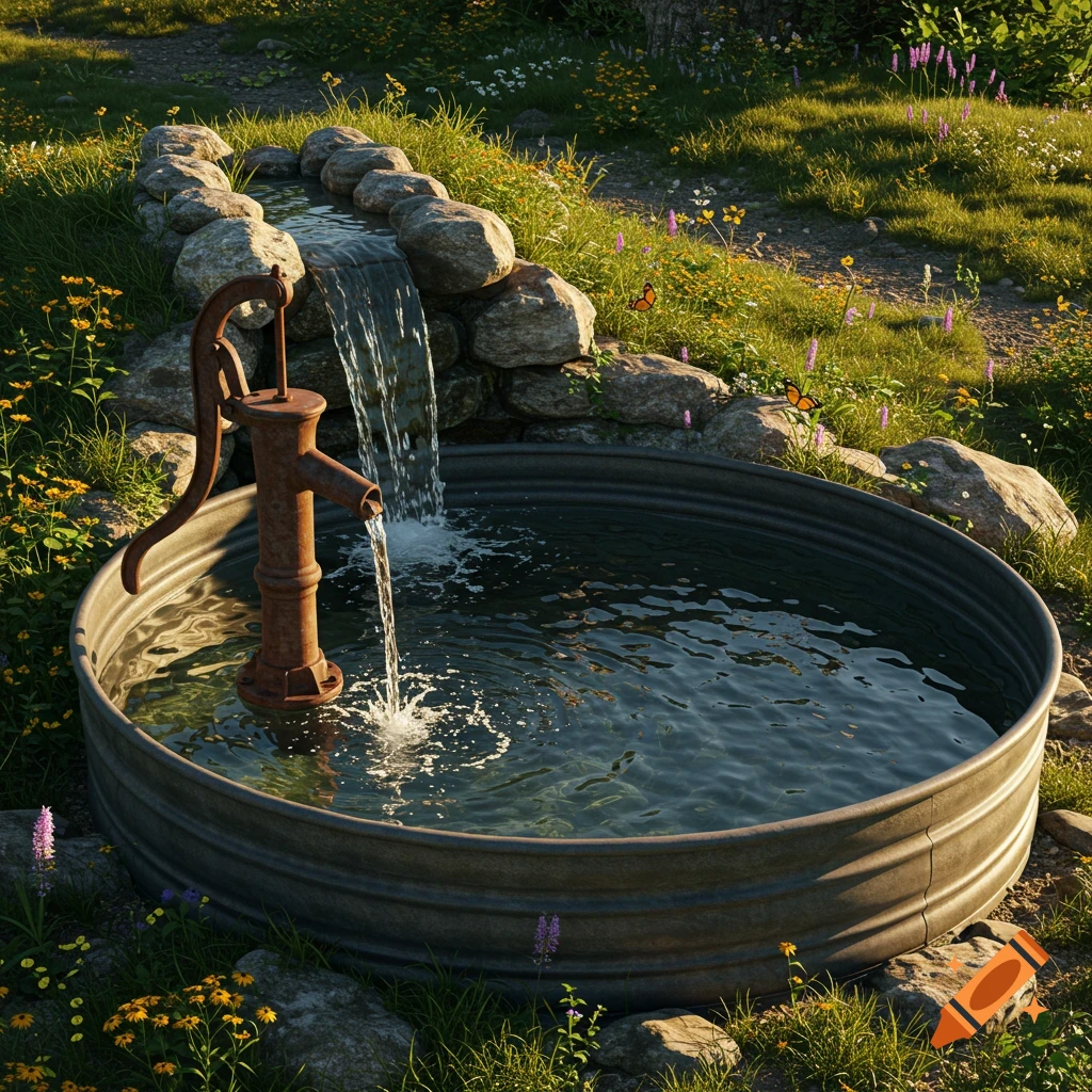 A photorealistic image of an antique well hand pump pouring water into a stock tank pool, surrounded by green grass and wildflowers.