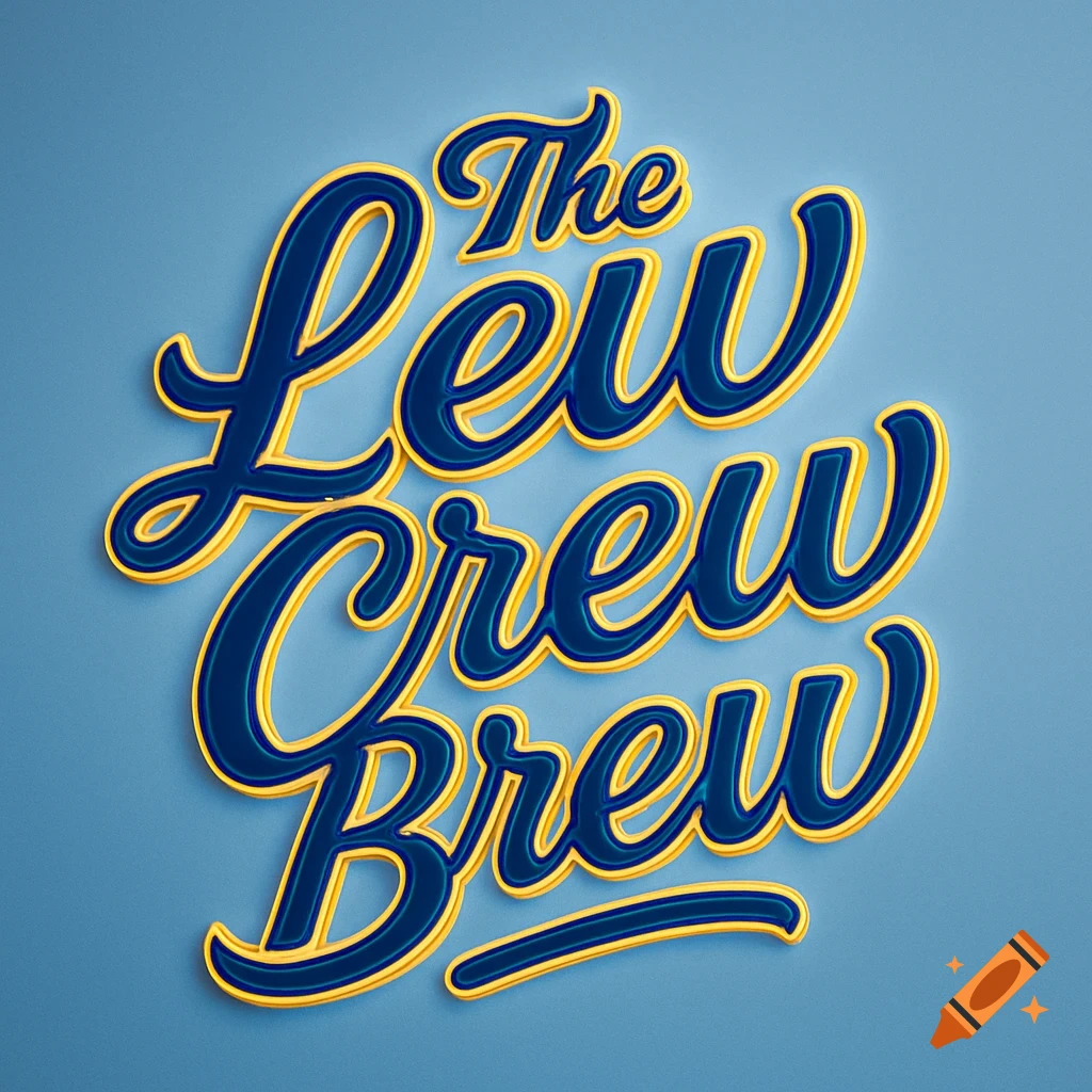 Stylized blue and yellow 3D text spelling "The Lew Crew Brew" on a light blue background.