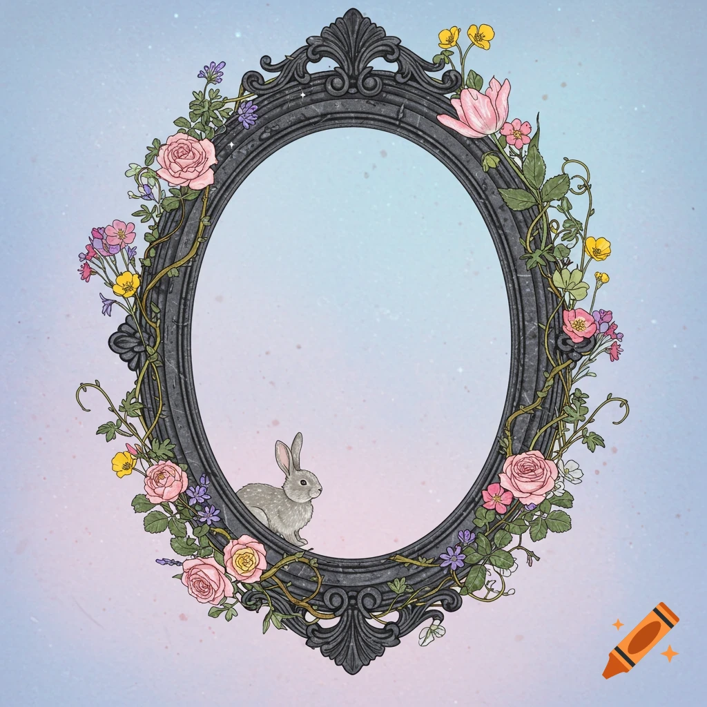 Whimsical illustration of a gothic oval frame adorned with colorful wildflowers and vines, with a bunny sitting inside on a soft gradient background.