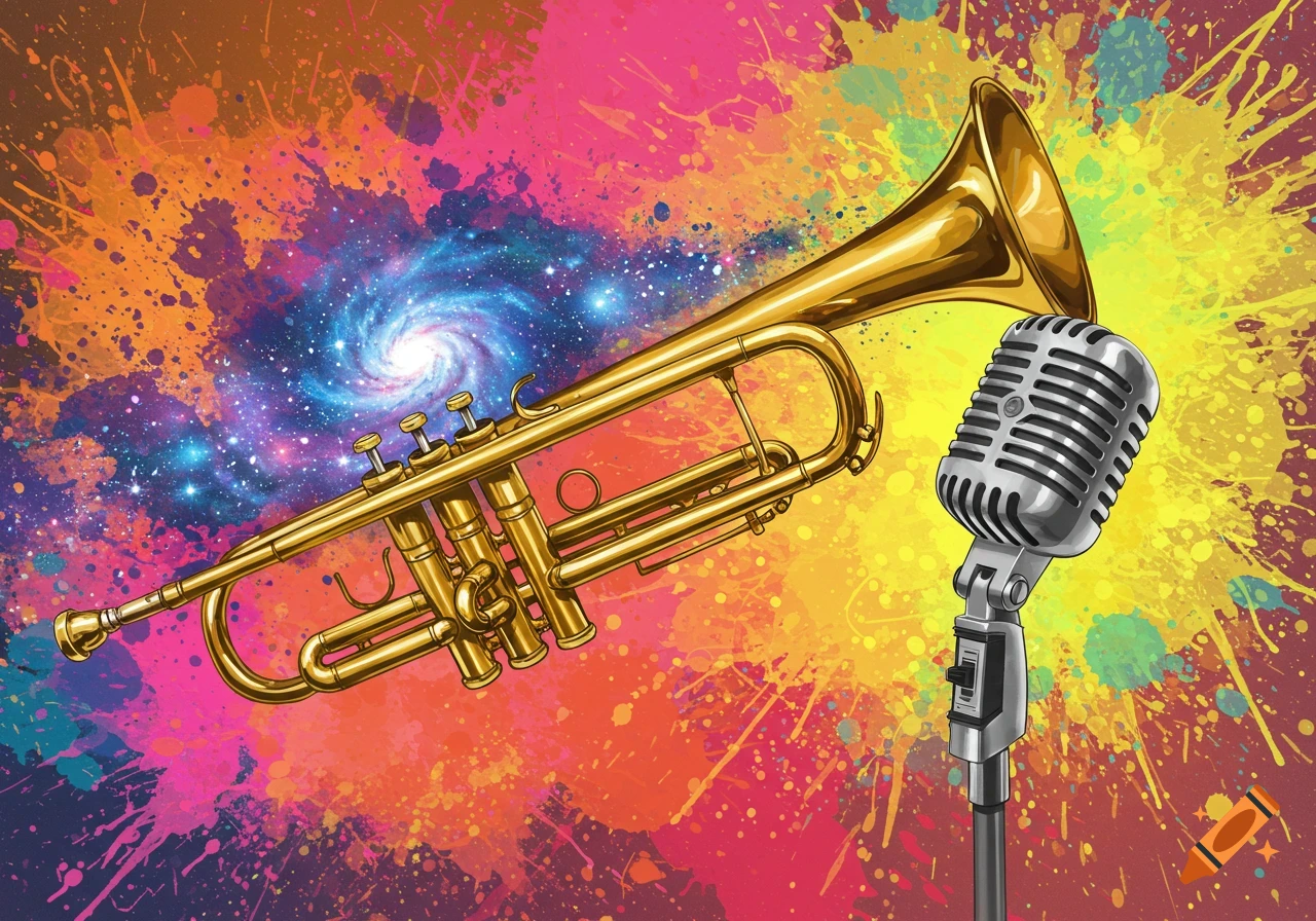 A golden trumpet and a silver vintage microphone against a vibrant, colorful paint splatter background with a spiral galaxy.