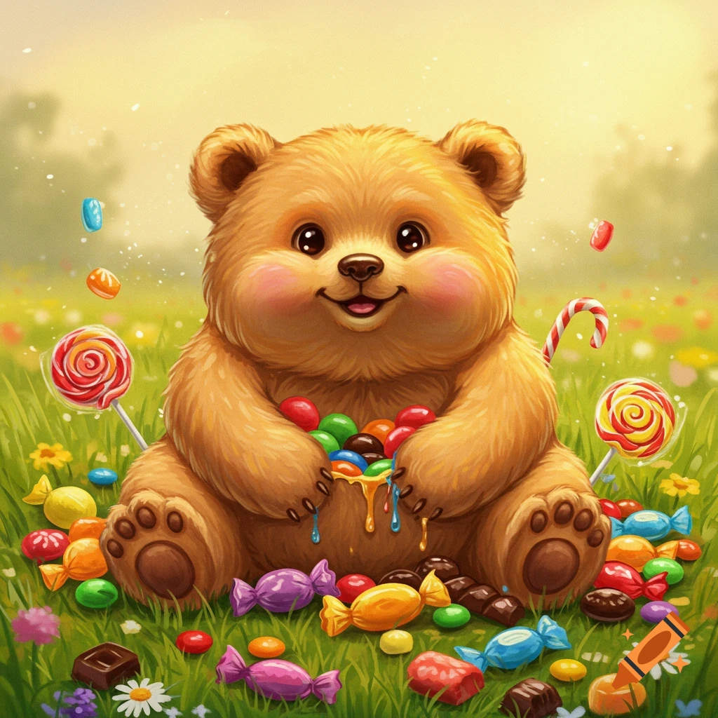 A cute, chunky brown bear sits in a grassy field, holding a pile of colorful candies and surrounded by lollipops and sweets.