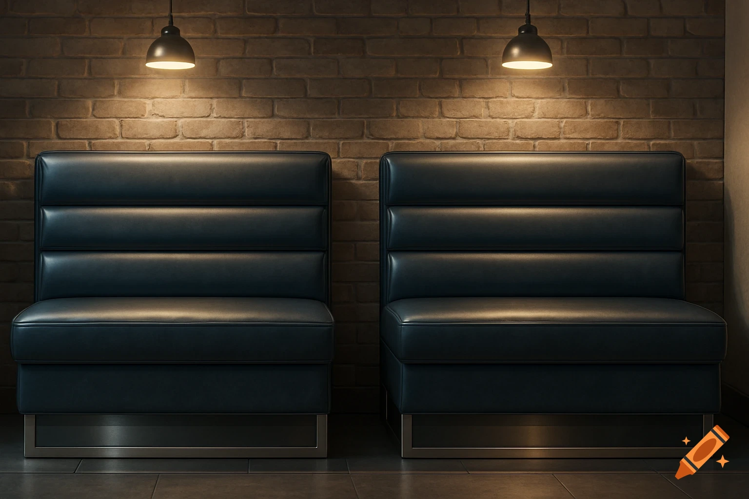 Two dark blue leather restaurant booth seats against a brick wall, lit by two overhead pendant lights, in a photorealistic style.