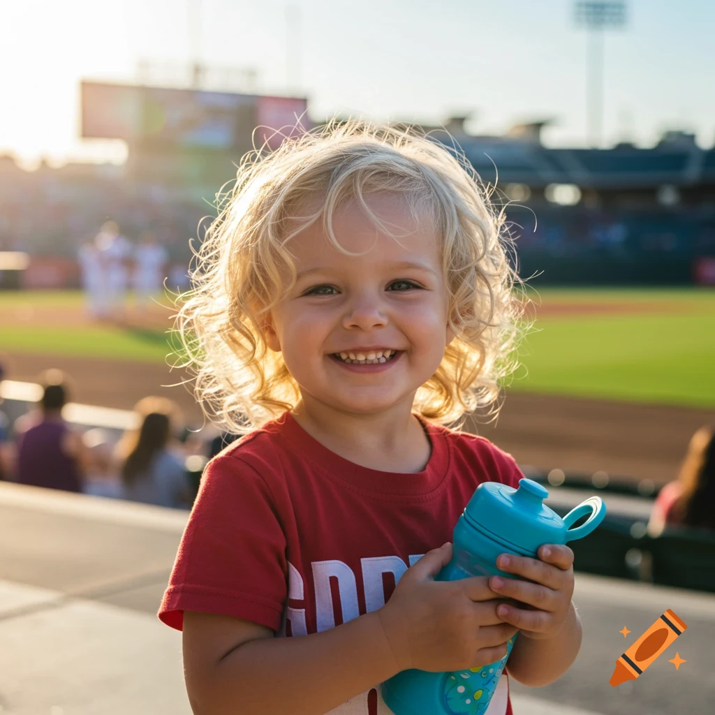 A young child with blonde curly hair smiles while holding a water bottle at a baseball game.