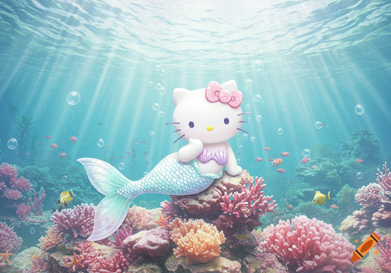 Hello Kitty as a mermaid sits on a vibrant coral reef in a clear blue ocean with fish and sunlight.