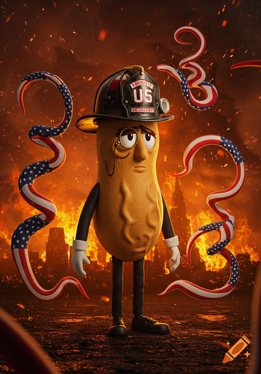 Mr. Peanut character in a firefighter helmet stands against a fiery city background with swirling American flag ribbons.