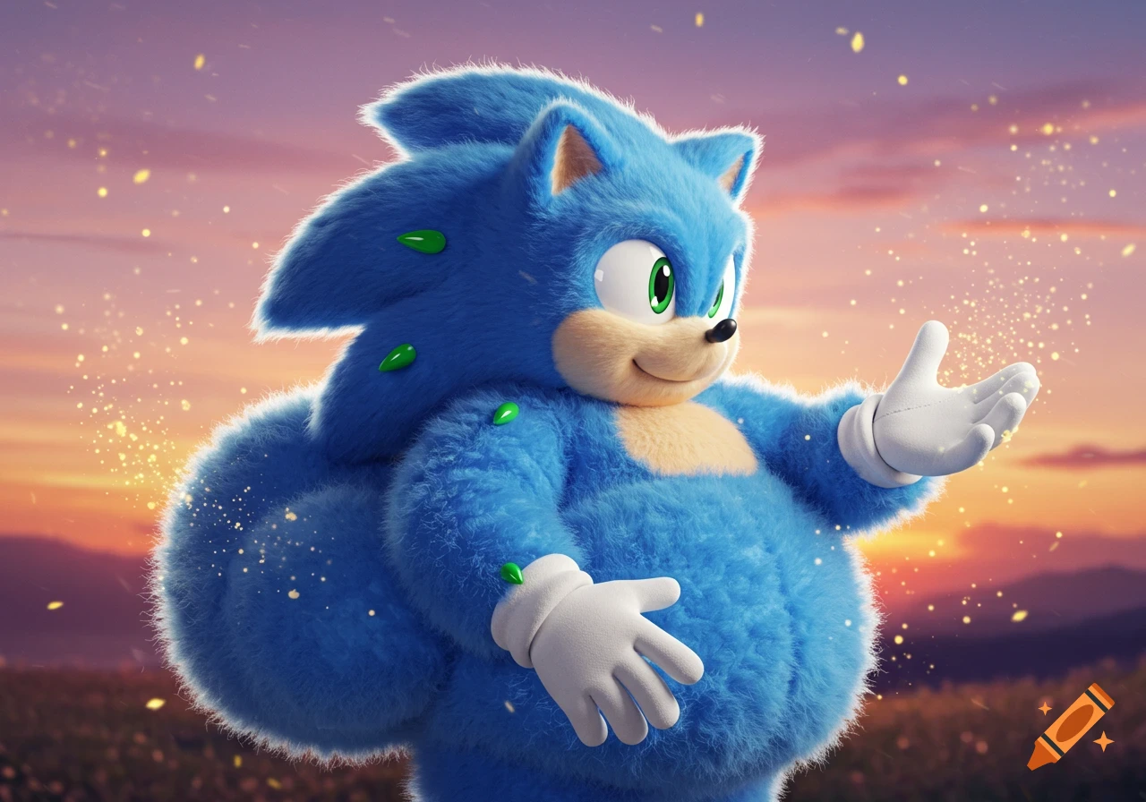 A fluffy, photorealistic blue Sonic the Hedgehog with green spots on his fur, smiling and holding out a white-gloved hand amidst golden sparkles, against a sunset sky.