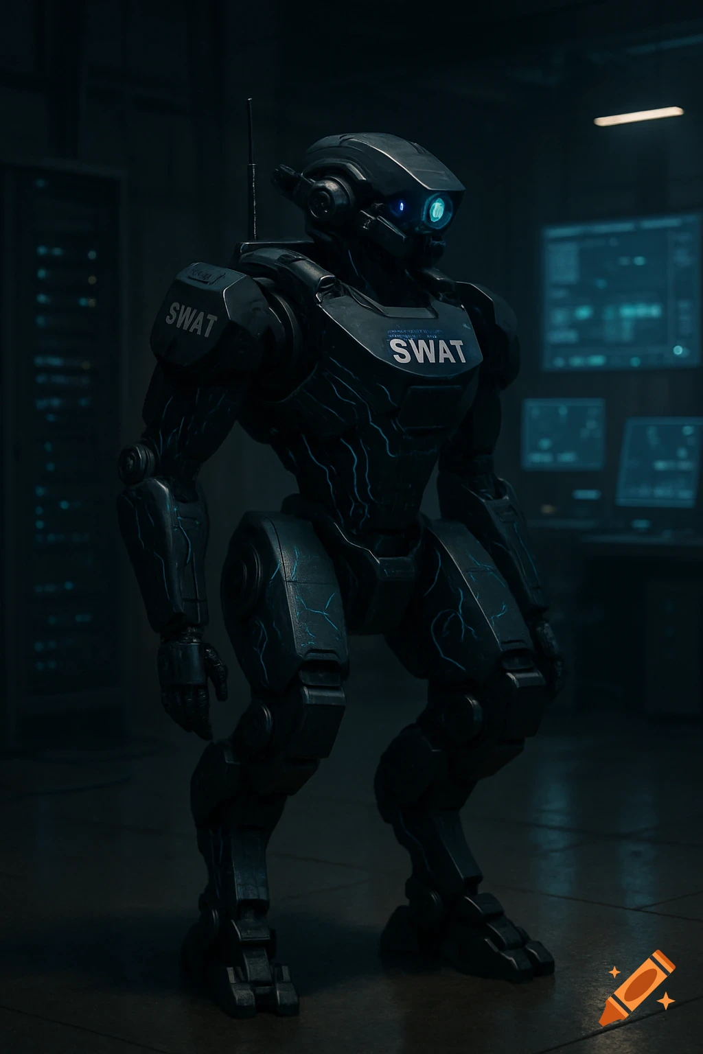 A dark, photorealistic image of a tactical black robot with glowing blue eyes, standing in a dimly lit control room.