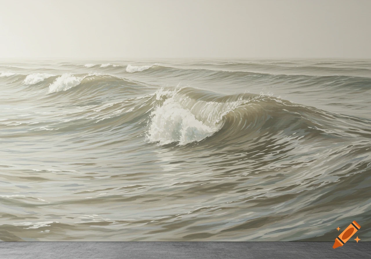 A neutral-toned painting of ocean waves breaking under a hazy sky.
